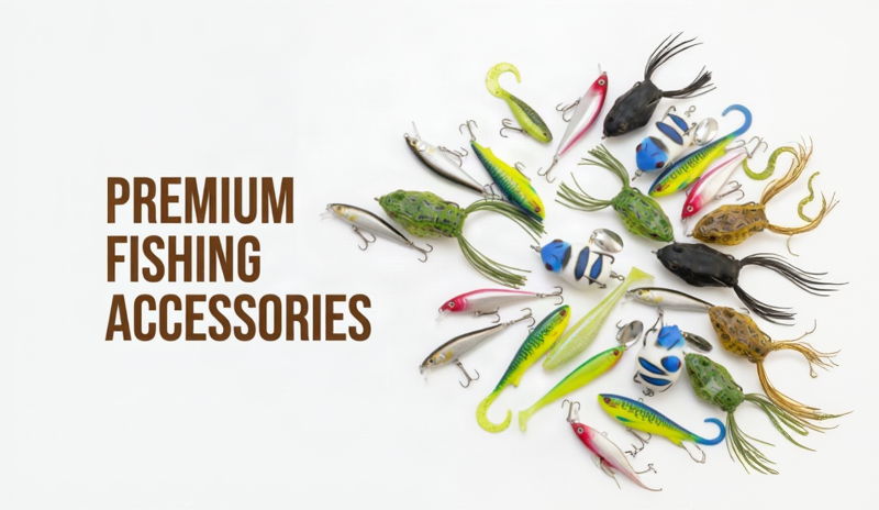 A collection of colorful fishing lures and accessories arranged on a white background next to the text 'PREMIUM FISHING ACCESSORIES' in brown lettering.